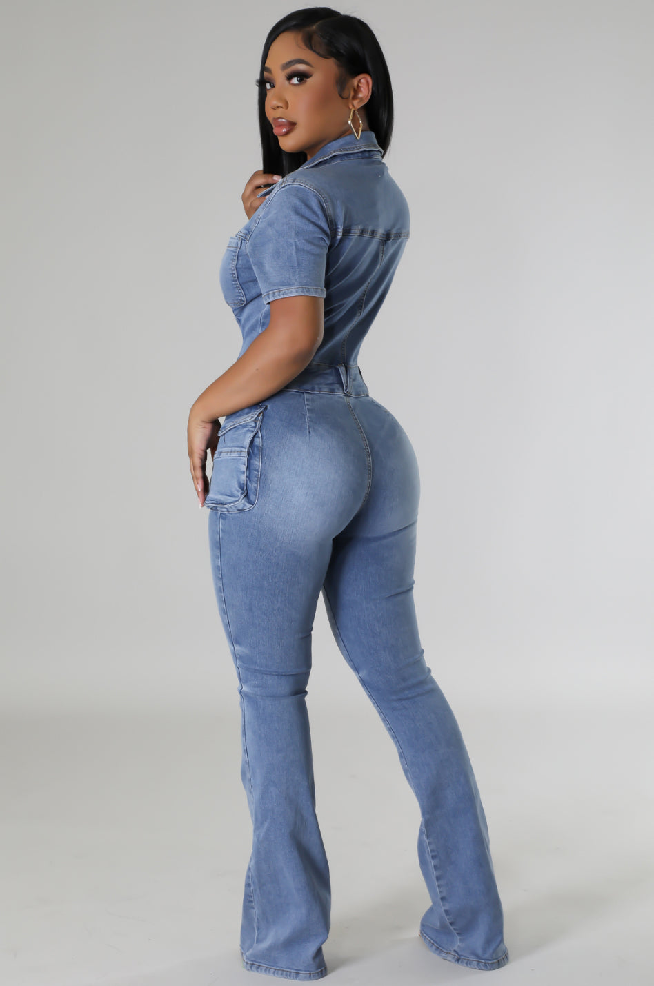 Denim Cargo Flare Jumpsuit